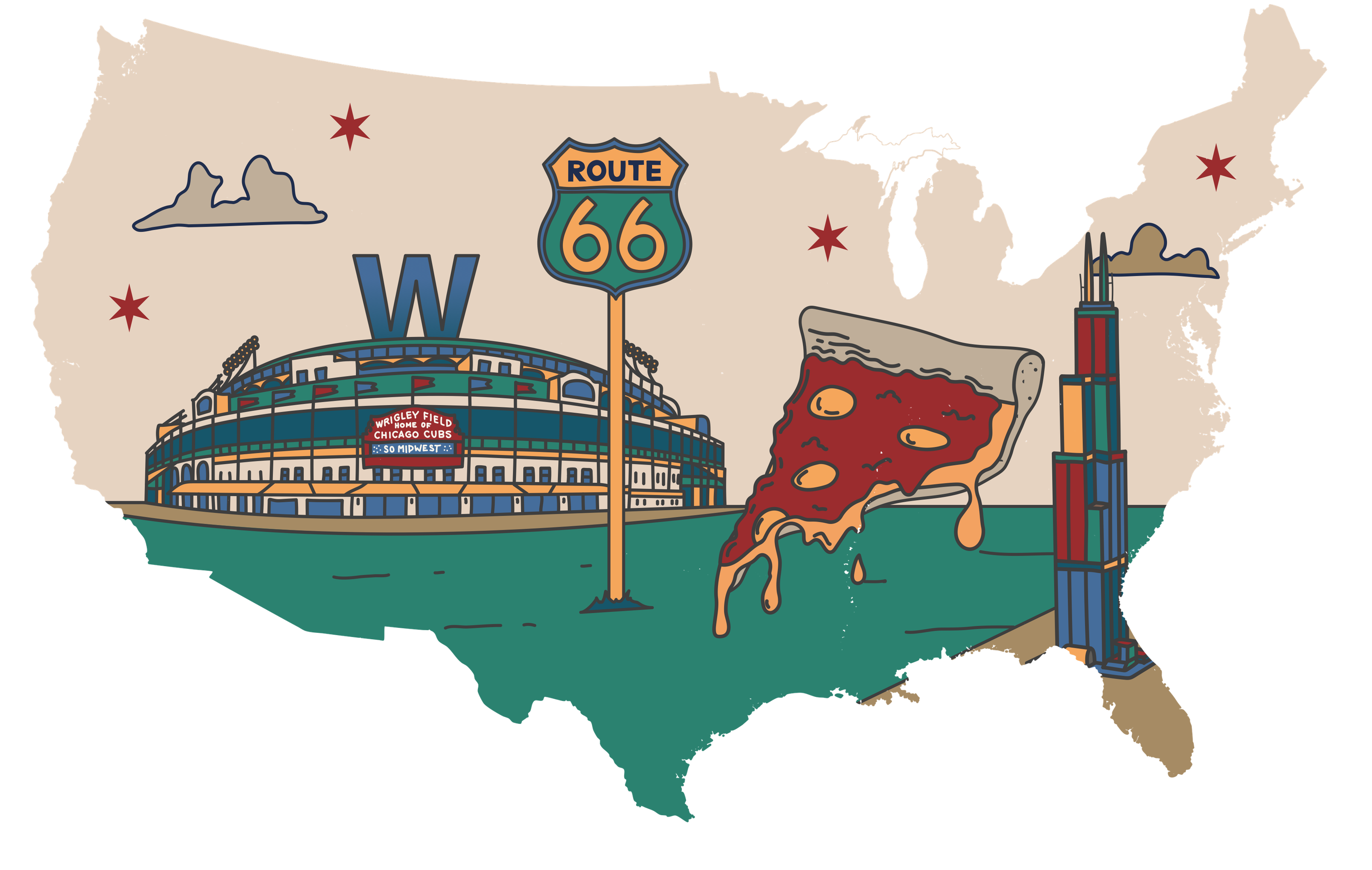 Illinois illustration: Wrigley Field, a Route 66 sign, deep dish pizza and the Willis Tower