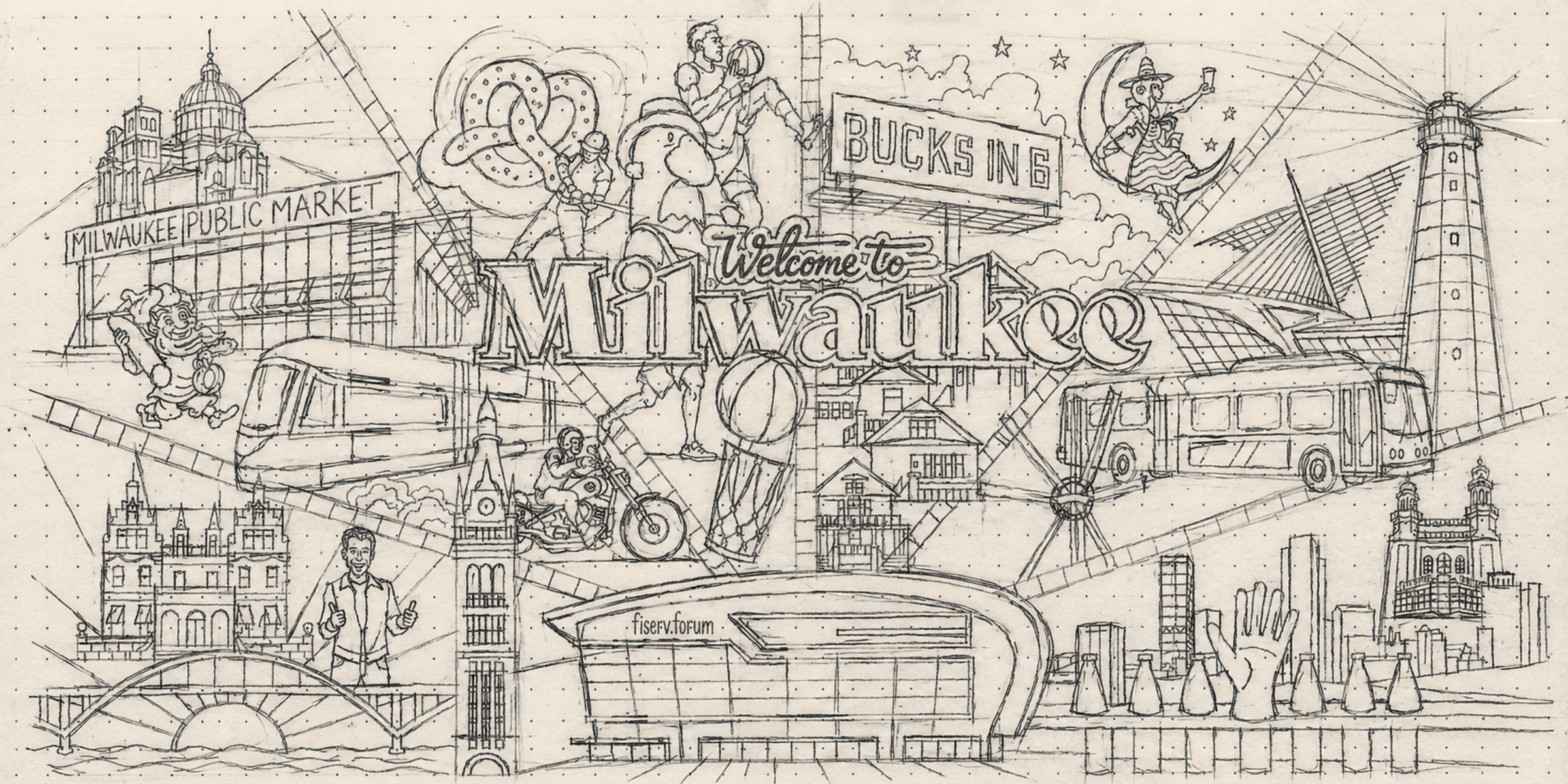 Pencil sketch of the Welcome to Milwaukee mural with city landmarks