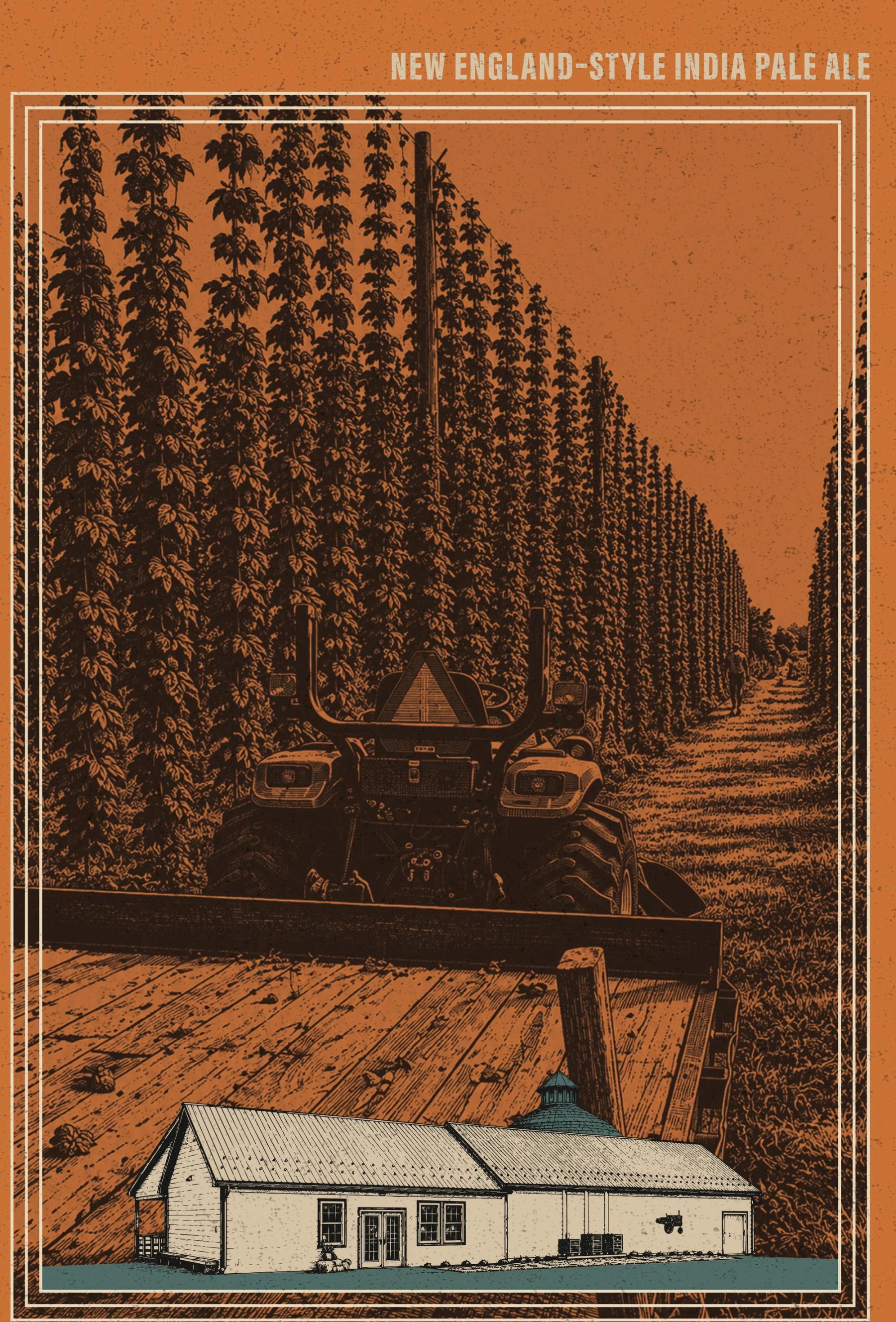 The hop-yard picture from the NEIPA label, inside its border