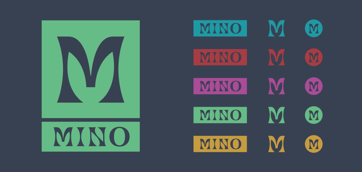 MINO logo system with the M mark and wordmark in five colors