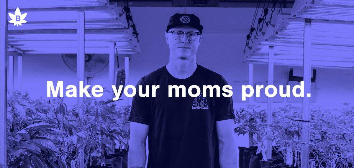"Make your moms proud." ad with a grower in a purple-toned greenhouse