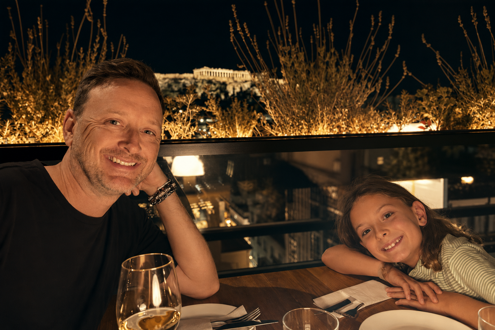 Nate and Brody at dinner in Athens