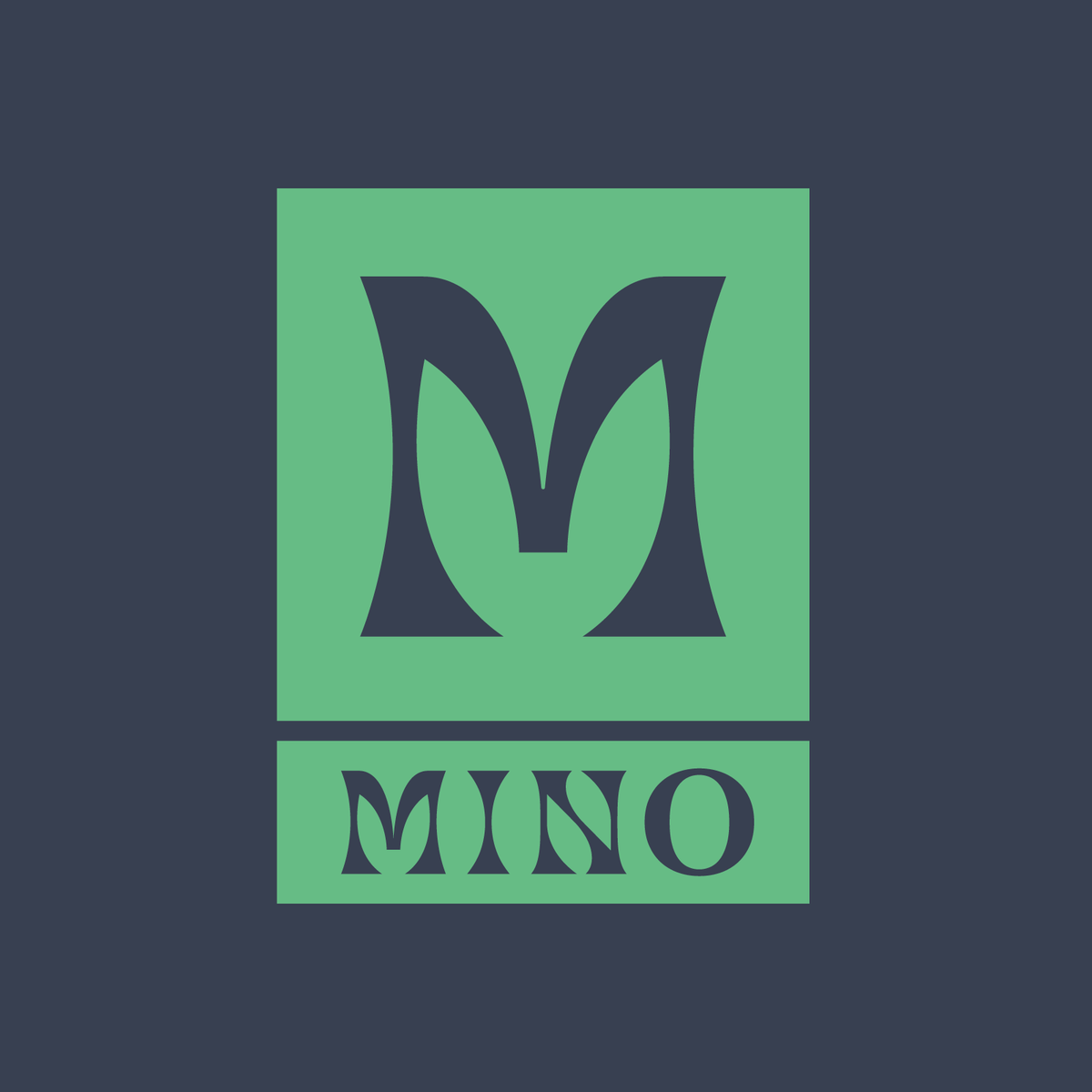 MINO primary logo, slate M over the wordmark in a sage block