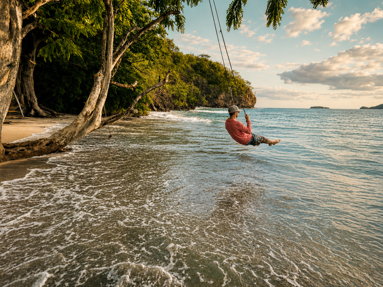 Nate on a rope swing over the water at Playa Flamingo, Costa Rica