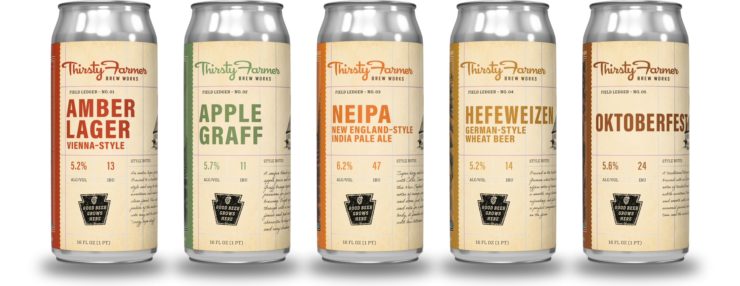 All five Thirsty Farmer cans: Amber Lager, Apple Graff, NEIPA, Hefeweizen and Oktoberfest