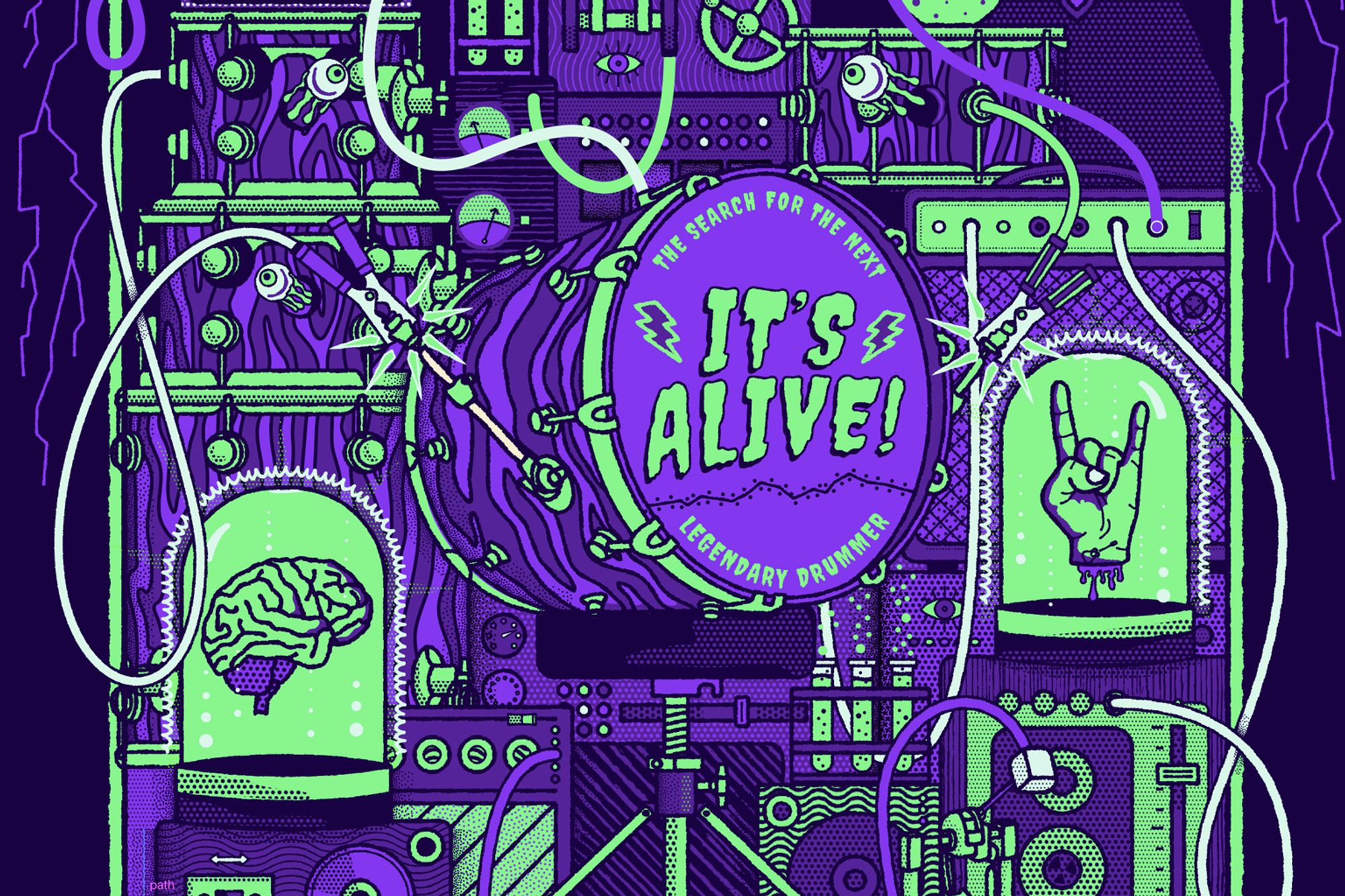 Detail of the Drum-Off 2026 It's Alive! poster: the kick drum, a brain in a jar, and a hand throwing horns