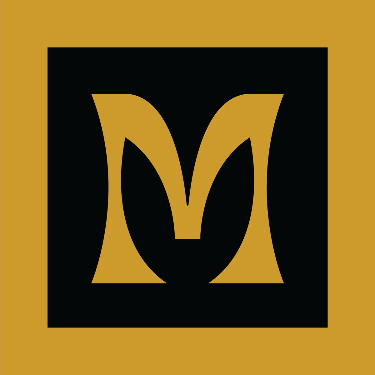 Gold M mark on black