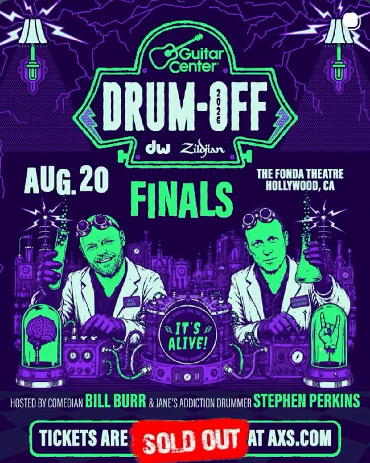 Guitar Center finals graphic built from the lab art: Bill Burr and Stephen Perkins in lab coats, "It's Alive!", and a SOLD OUT sticker over the ticket line