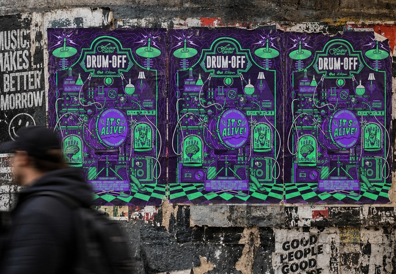 Mockup: three Drum-Off posters wheatpasted in a row on a weathered city wall