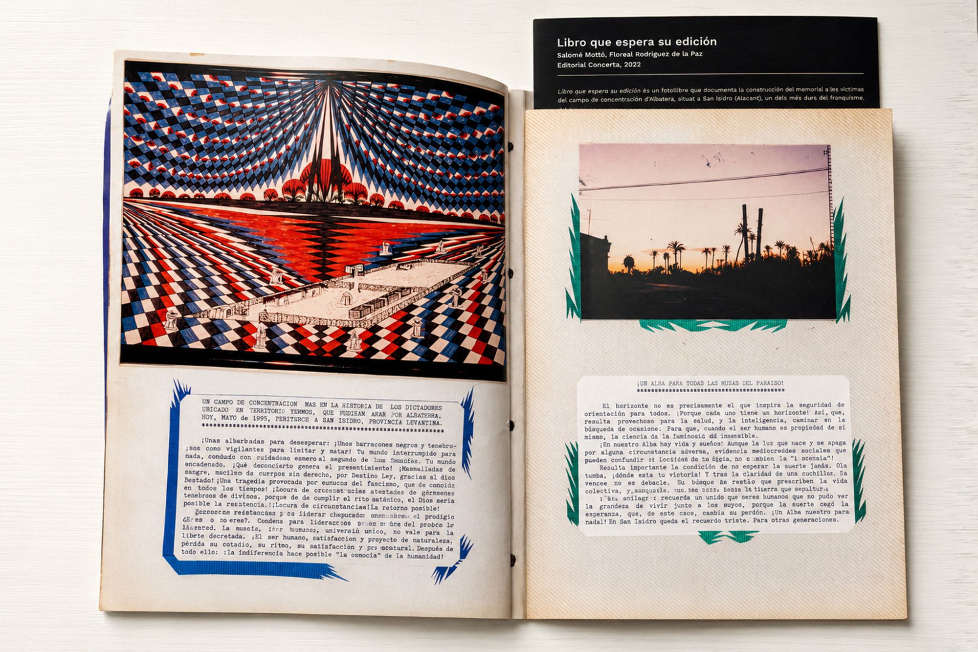 An open editorial book from Barcelona with collaged photos and printed text
