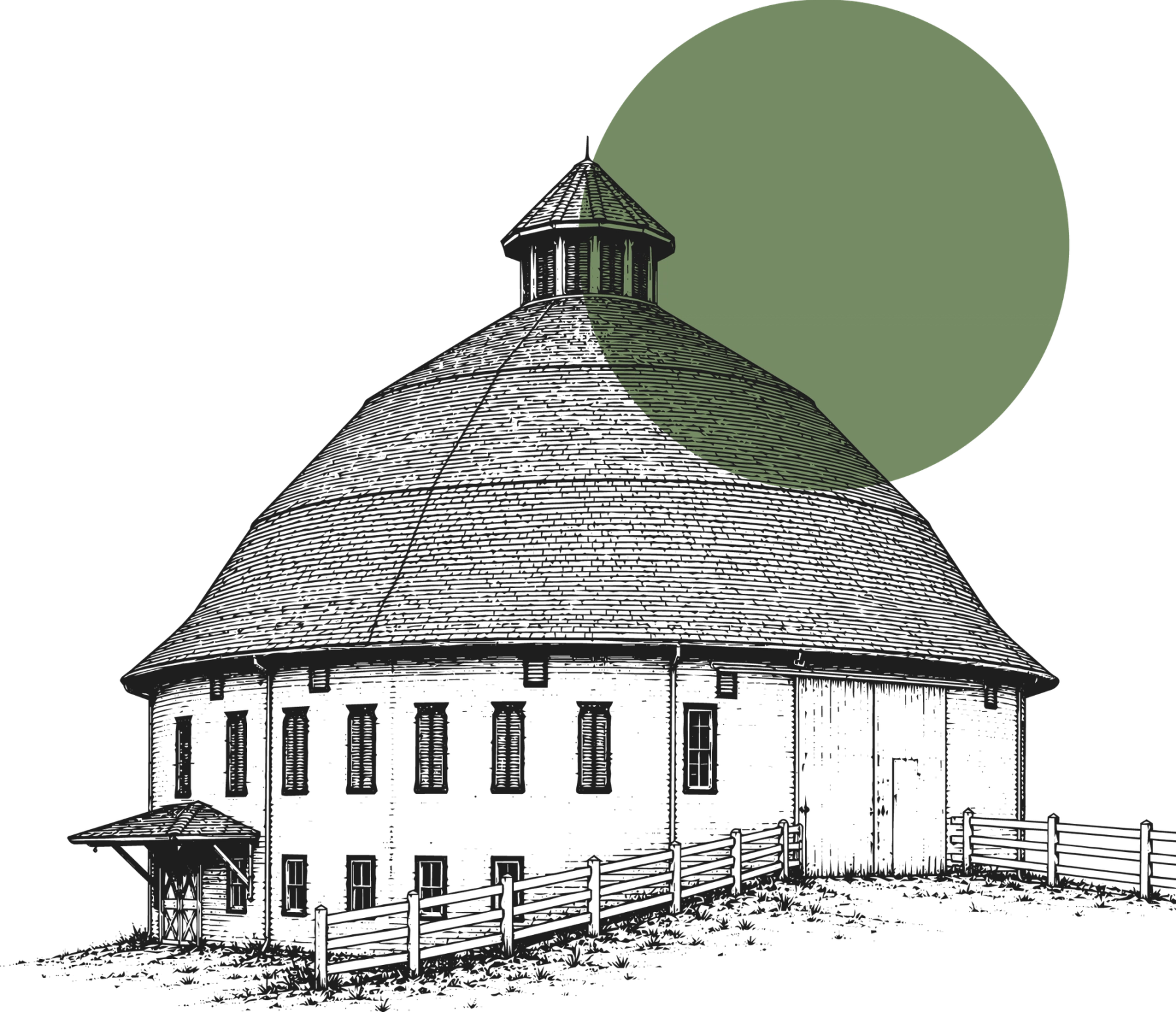 Pen-and-ink drawing of the Round Barn in front of a green sun