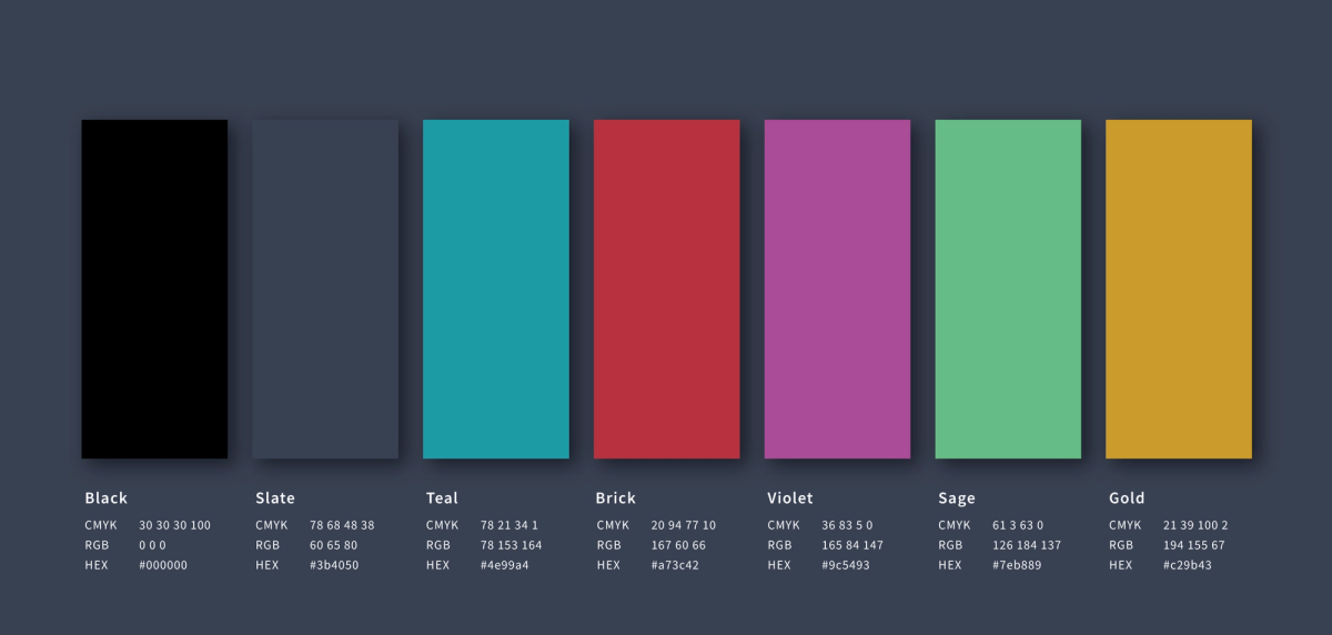 MINO color palette: Black, Slate, Teal, Brick, Violet, Sage, Gold