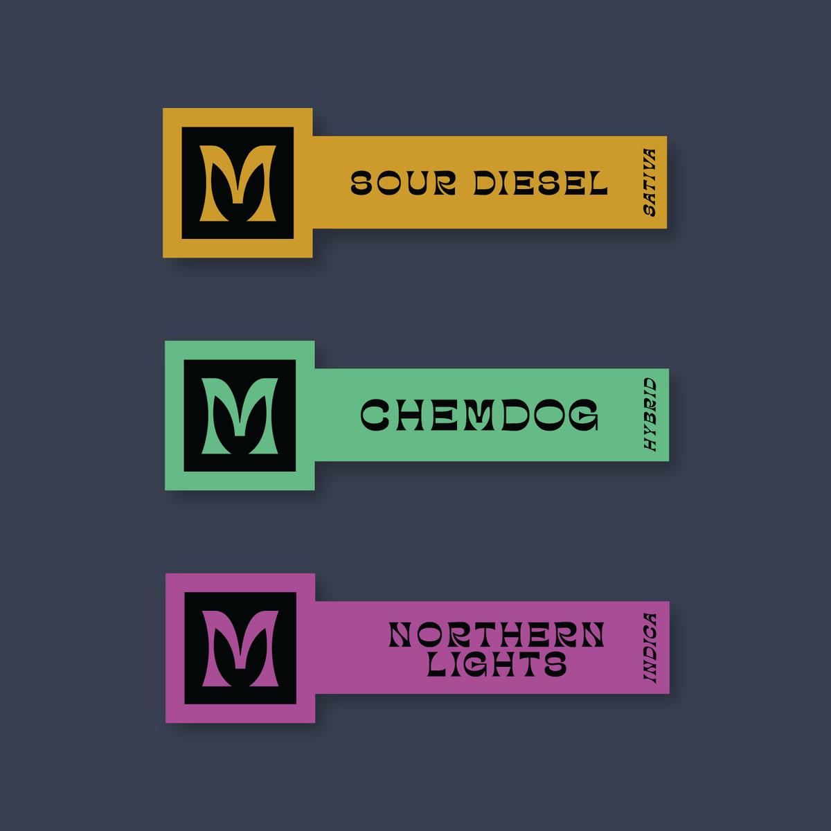 MINO strain stickers for Sour Diesel, Chemdog, and Northern Lights