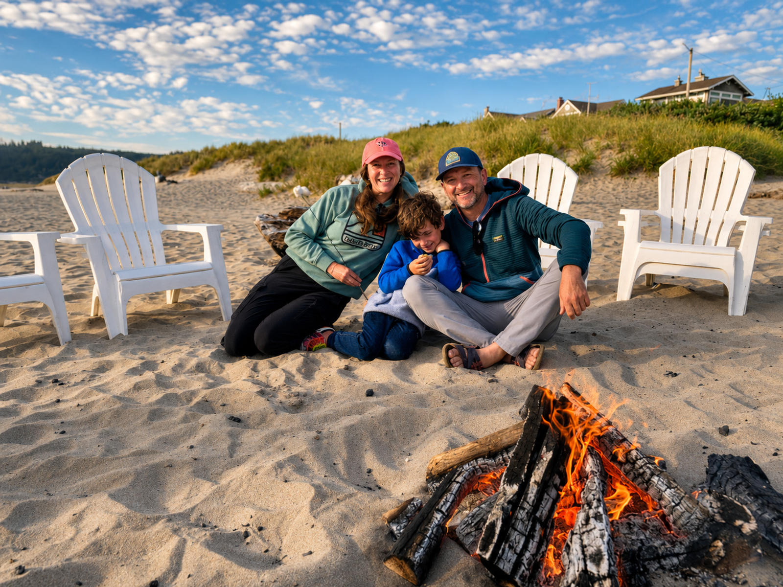Nate and family beside a bonfire on a beach in Oregon