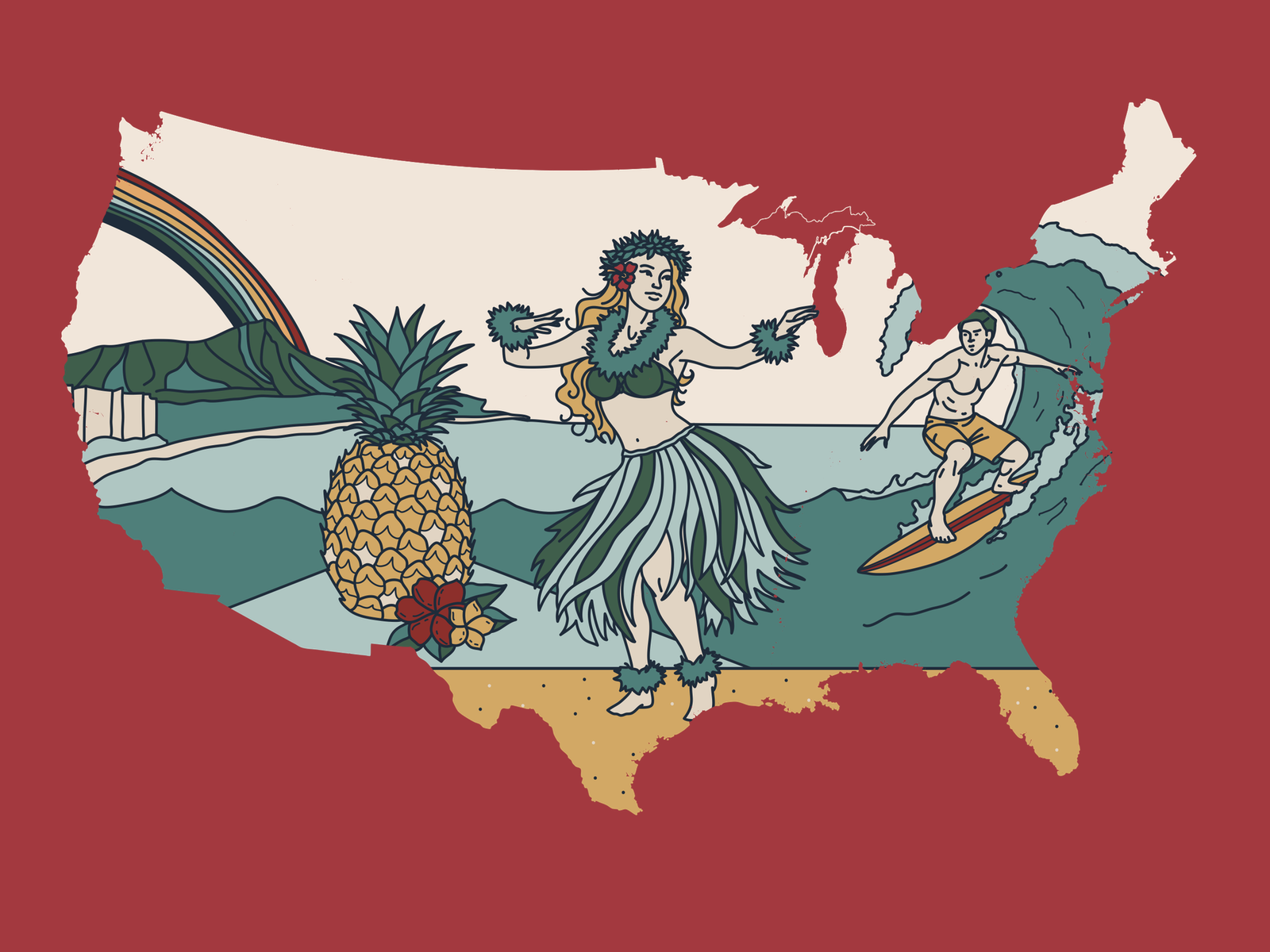 Hawaii illustration inside the outline of the United States, on red