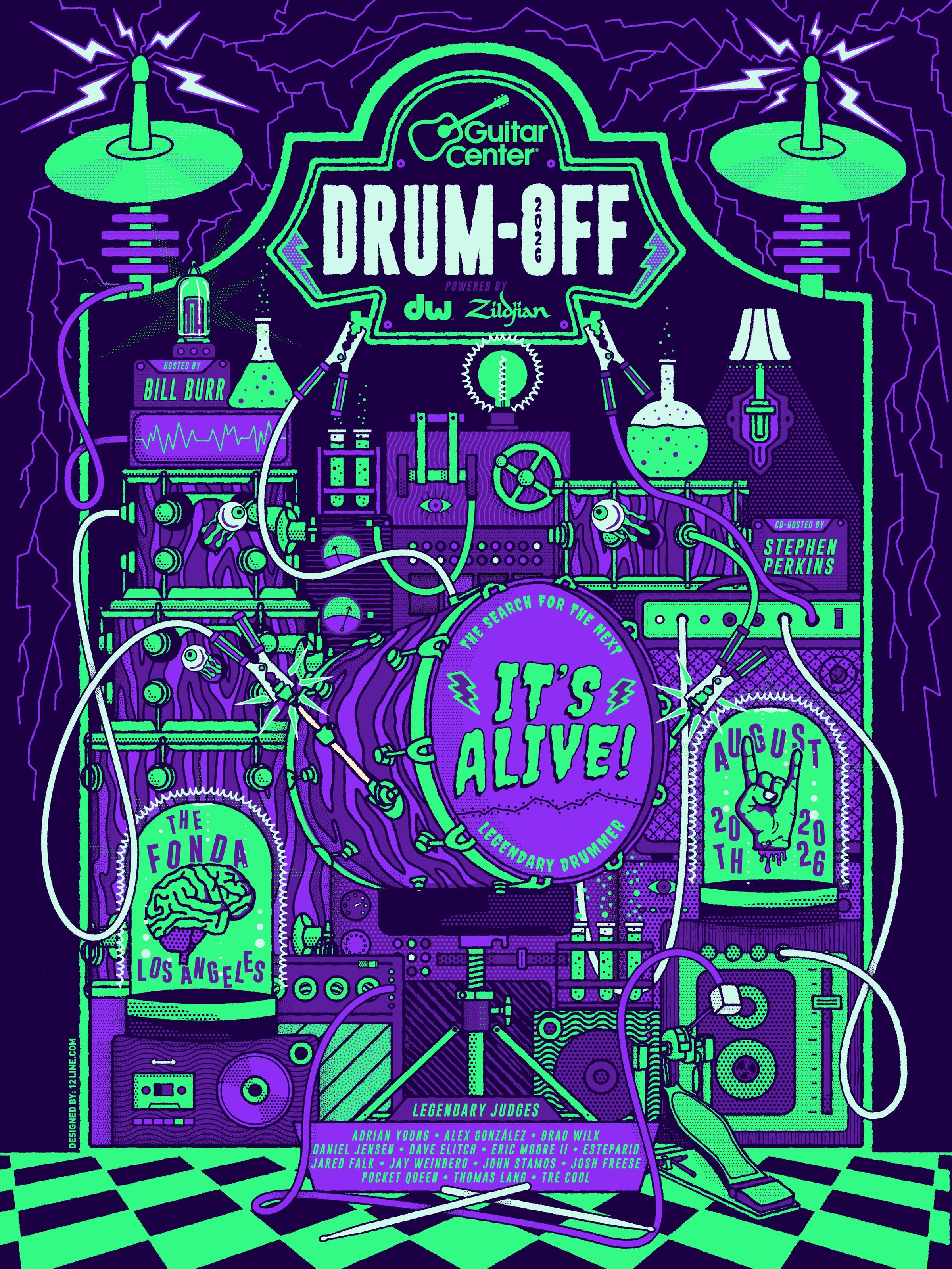 Drum-Off 2026 poster: a purple and acid-green mad scientist lab where a kick drum is jolted back to life under the line "It's Alive!"