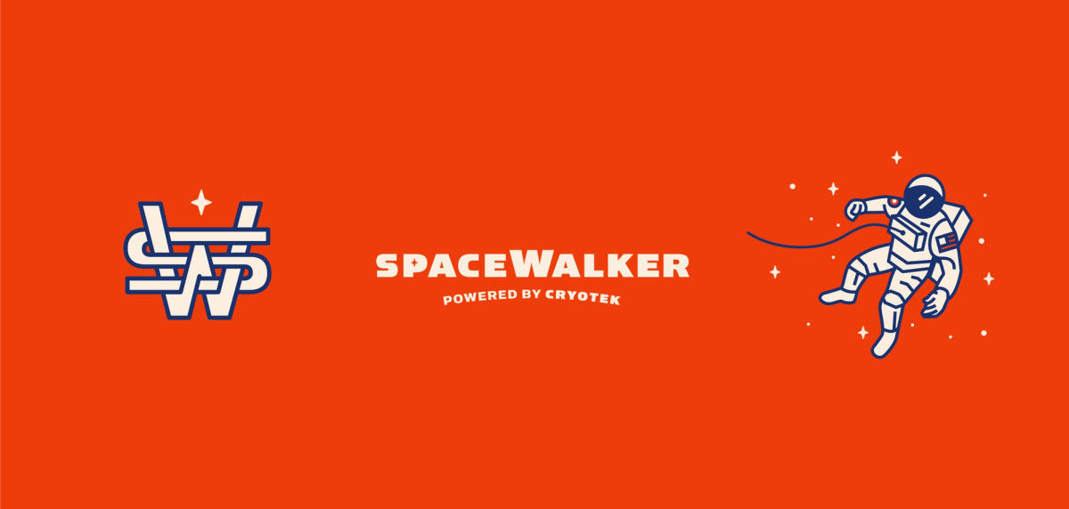 SpaceWalker monogram, wordmark, and spaceman illustration