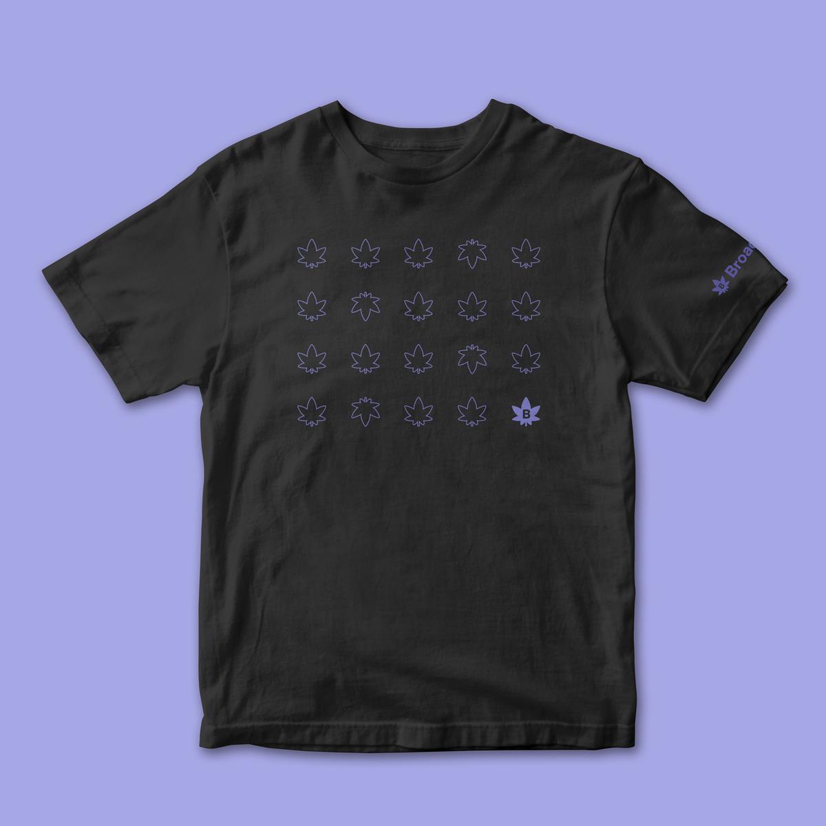 Black T-shirt with a grid of Broadleaf leaf icons