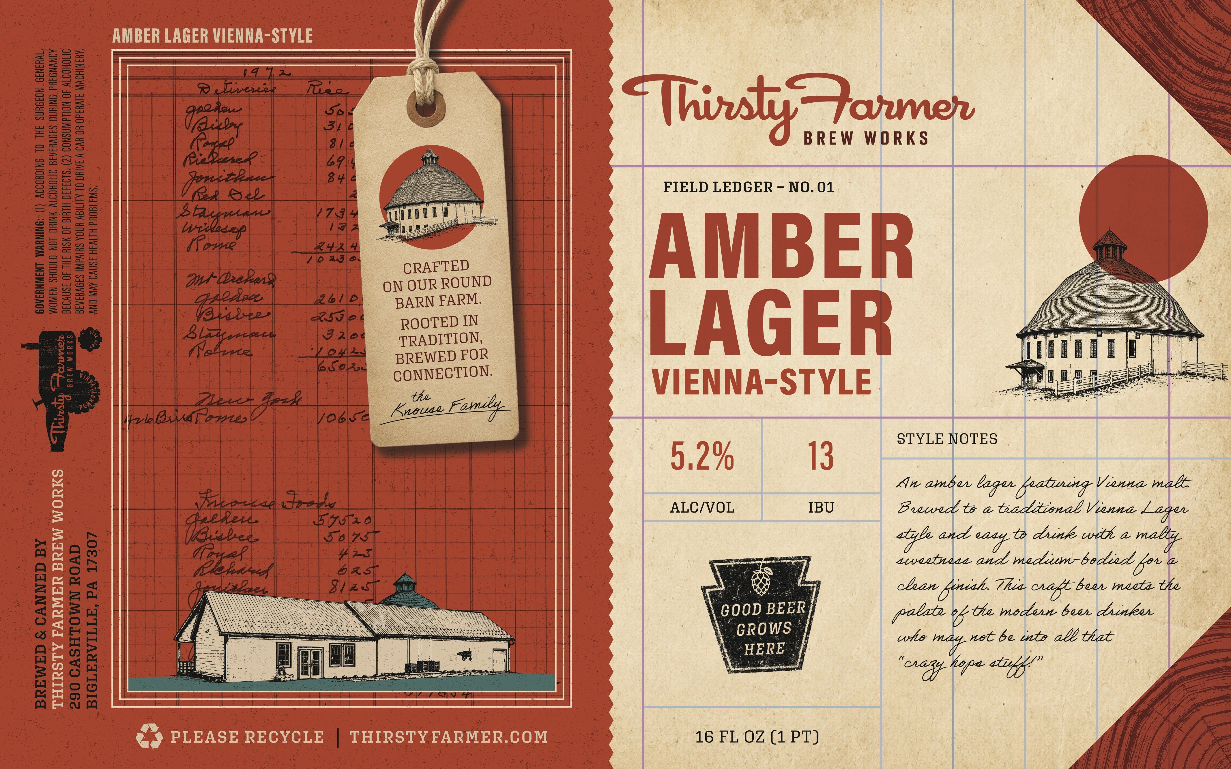 The Amber Lager label, the ledger printed in red behind the hang tag
