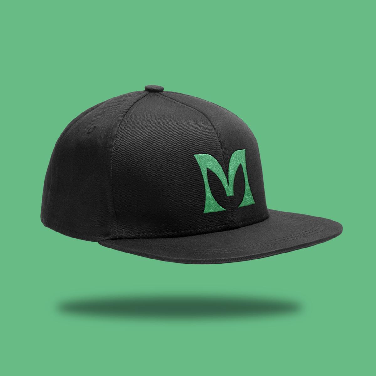 Black snapback with a sage M