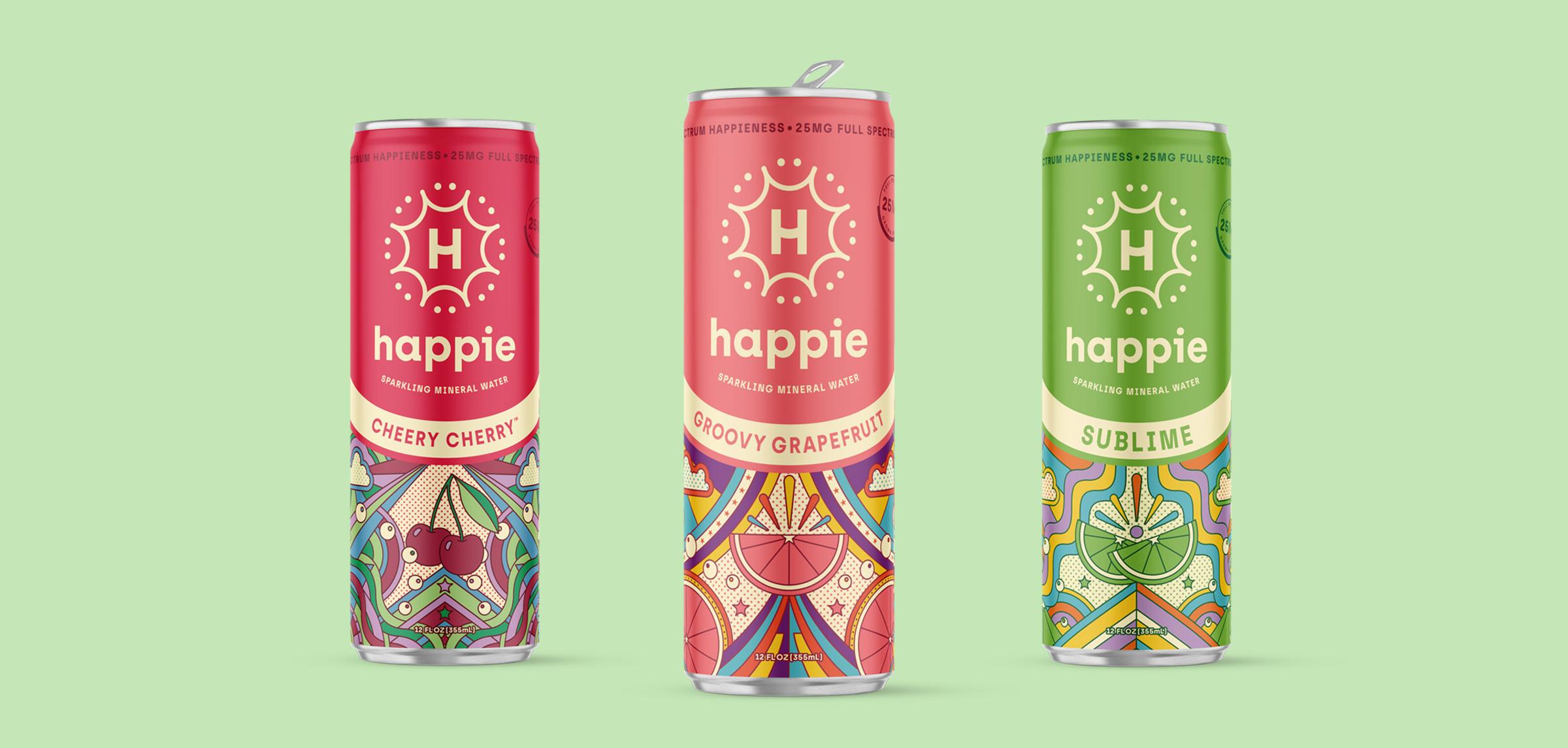 Three Happie sparkling mineral water cans on a mint background