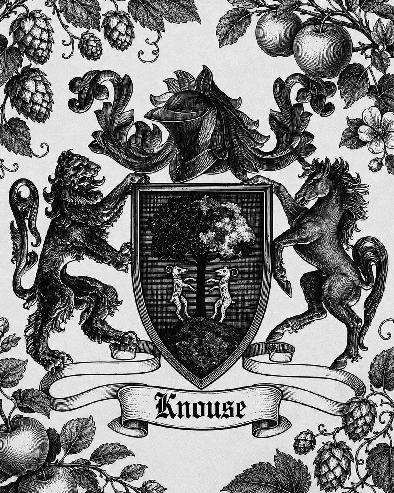 The crest engraved among hops and apples