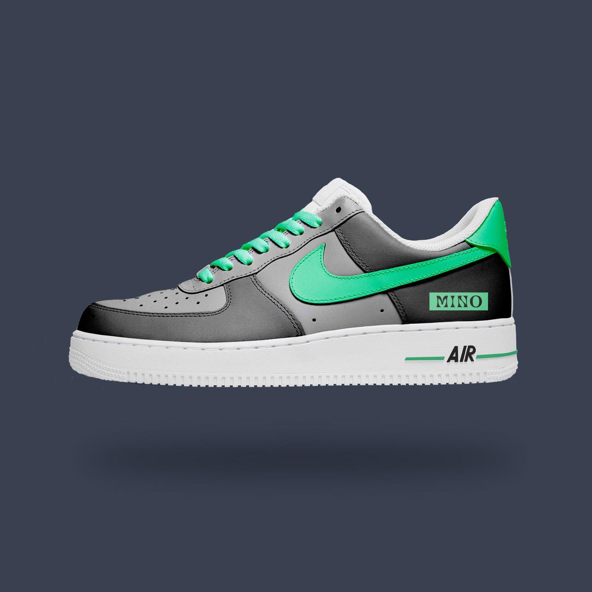 Custom MINO Nike Air Force 1 in grey, black, and sage