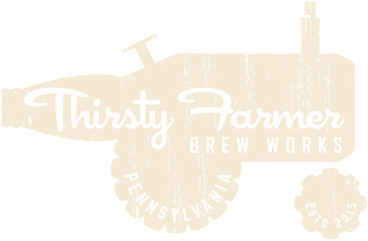 Thirsty Farmer tractor logo, a beer bottle on its side with bottle-cap wheels