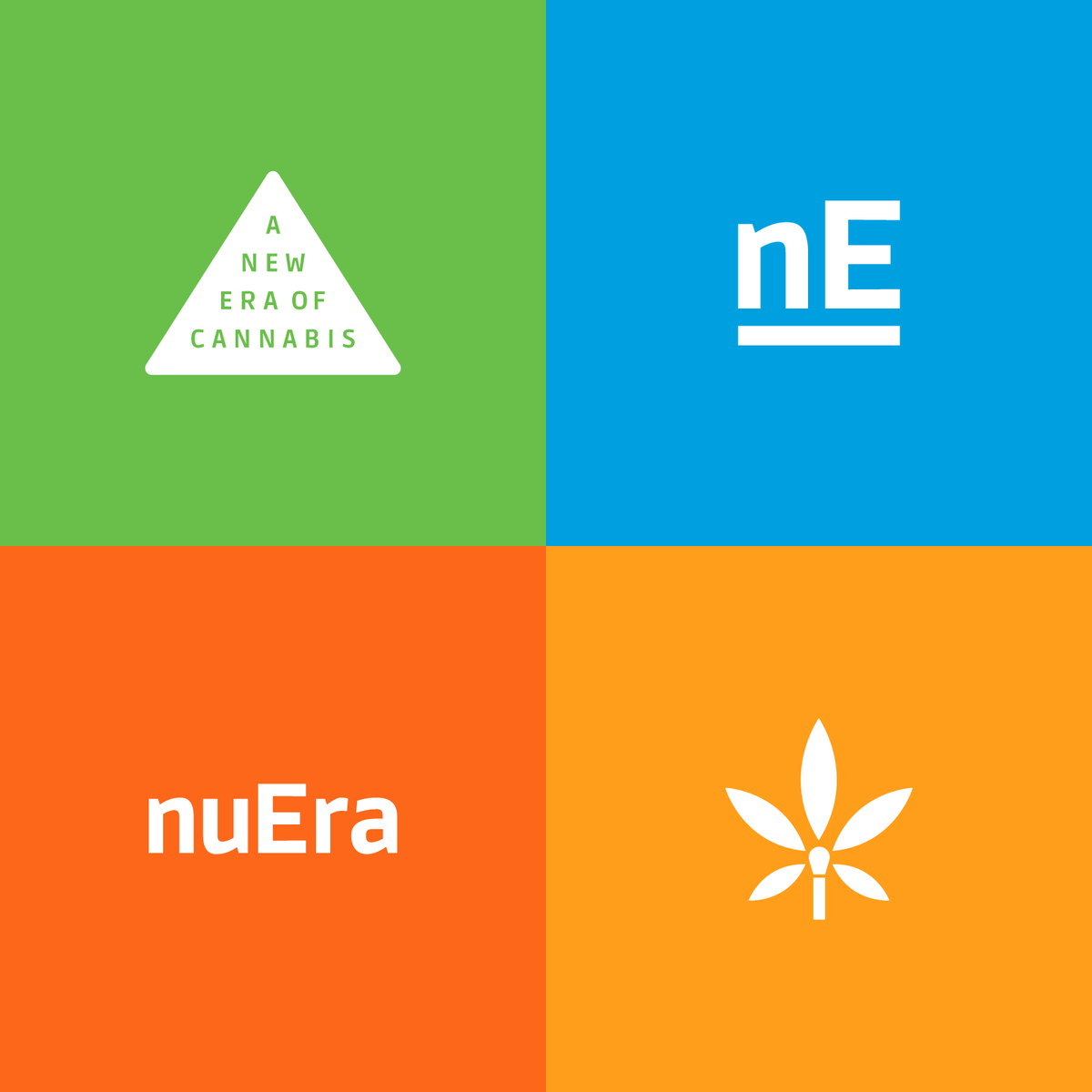 nuEra logo system in white on green, blue, orange, and yellow
