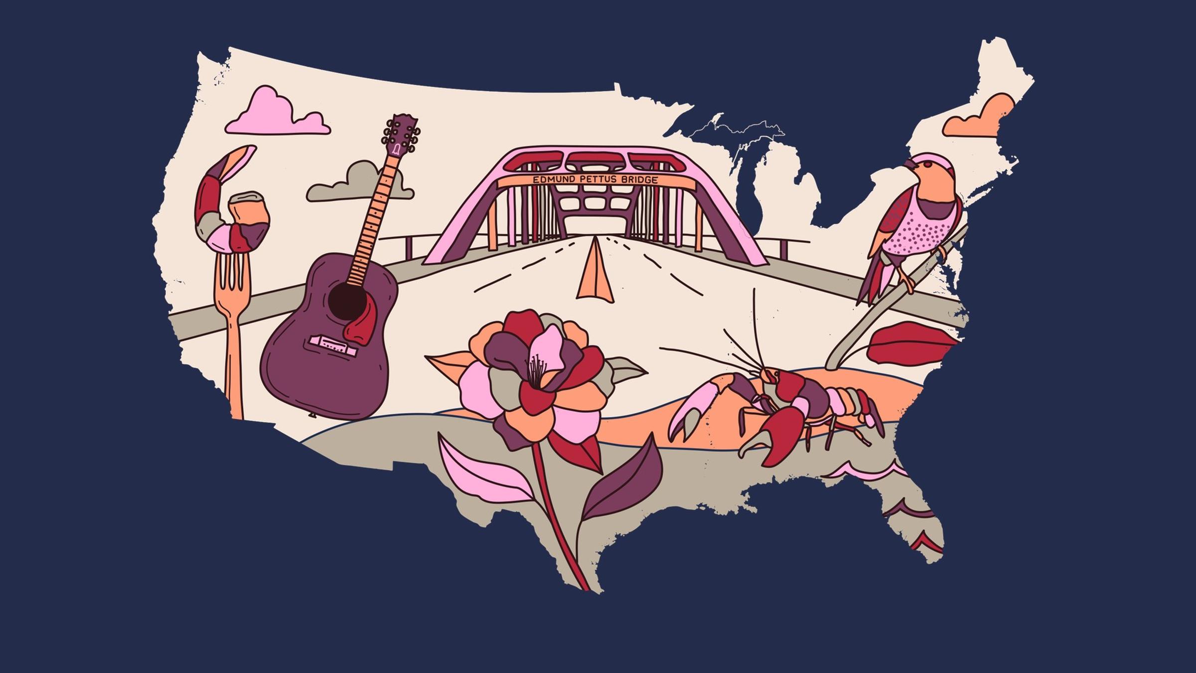 Alabama illustration inside the outline of the United States, on navy