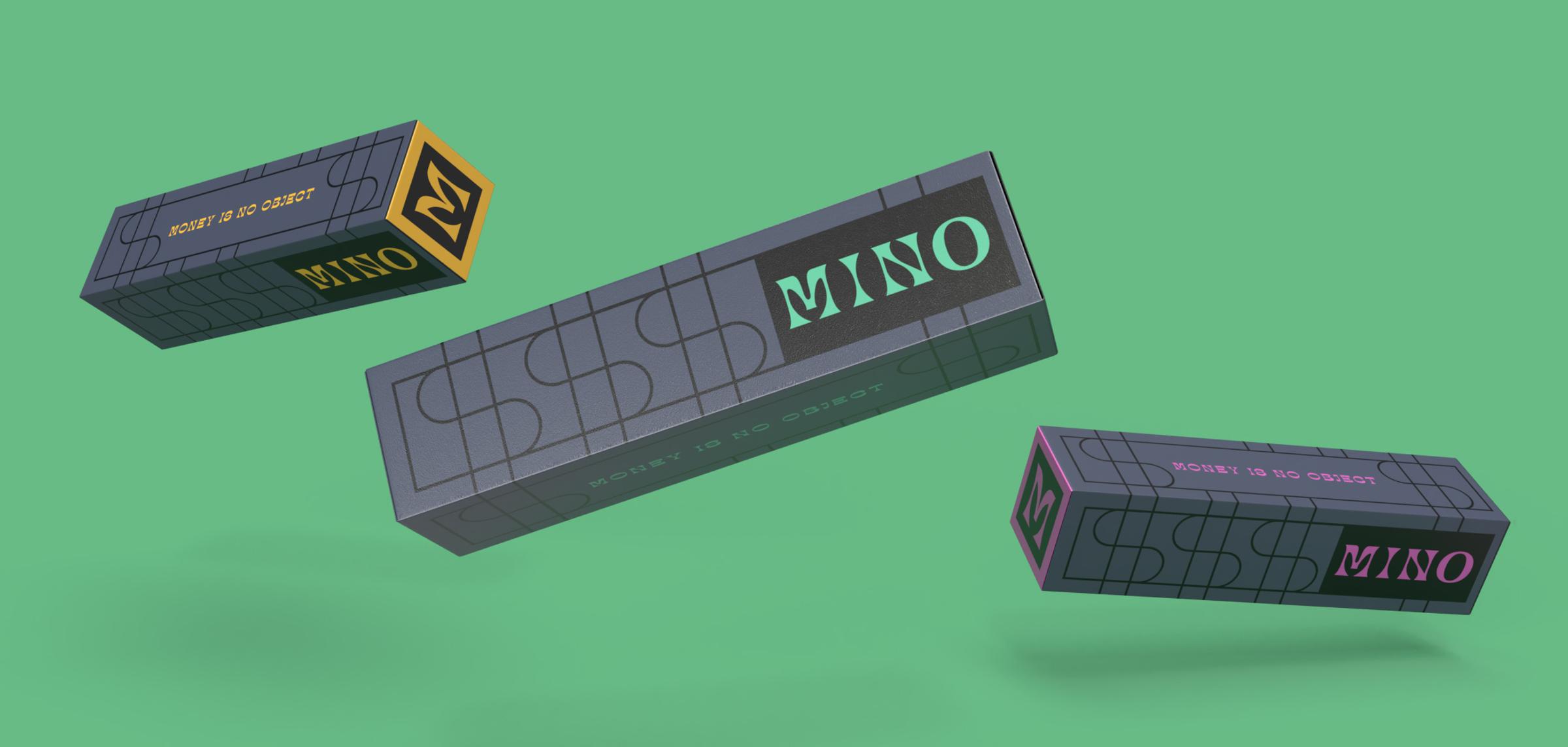 Three MINO pre-roll boxes floating over a sage green background