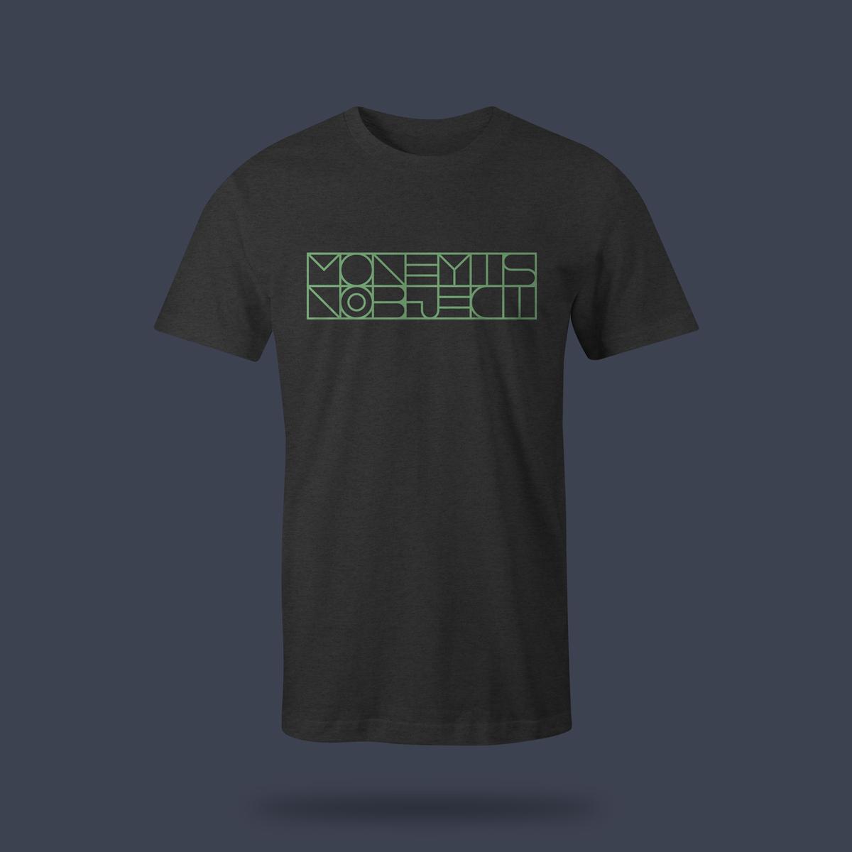 Black tee with the Money Is No Object letter grid
