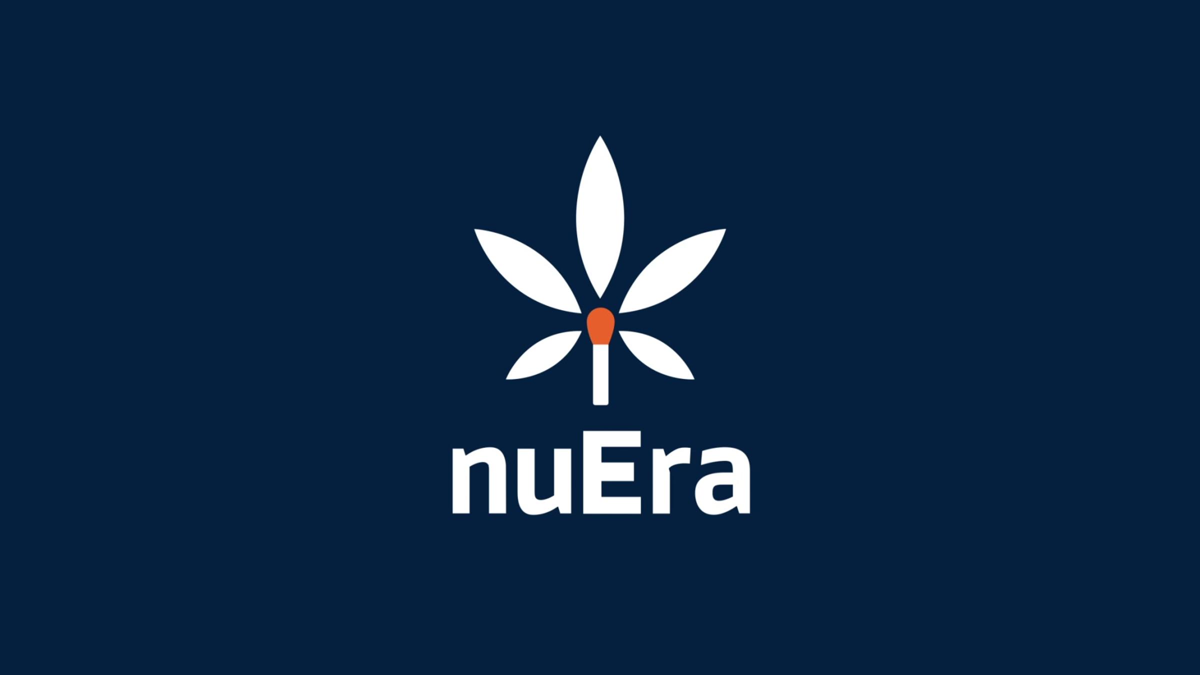 nuEra leaf-and-match logo in white on navy