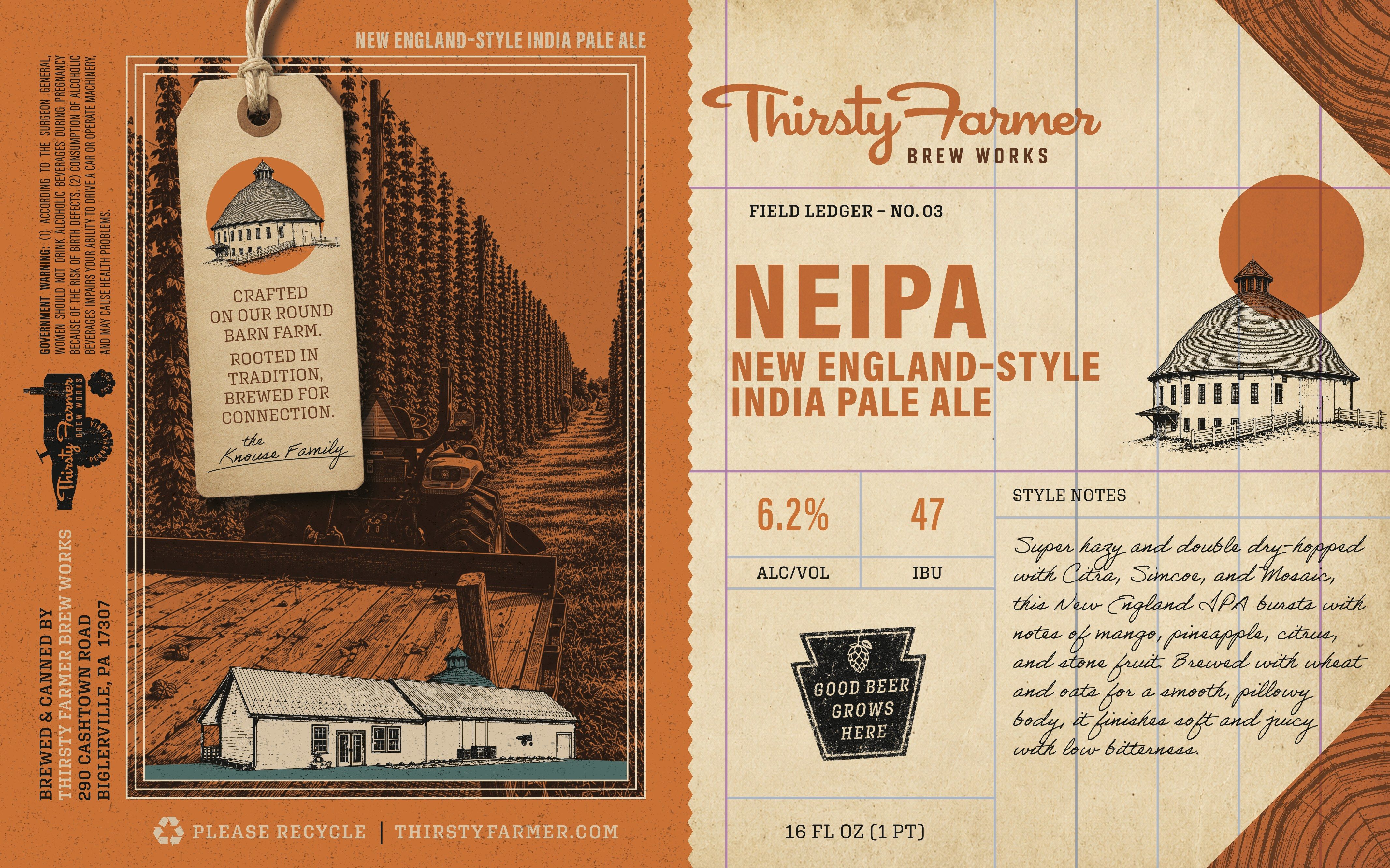 The NEIPA label, the hop yard in orange