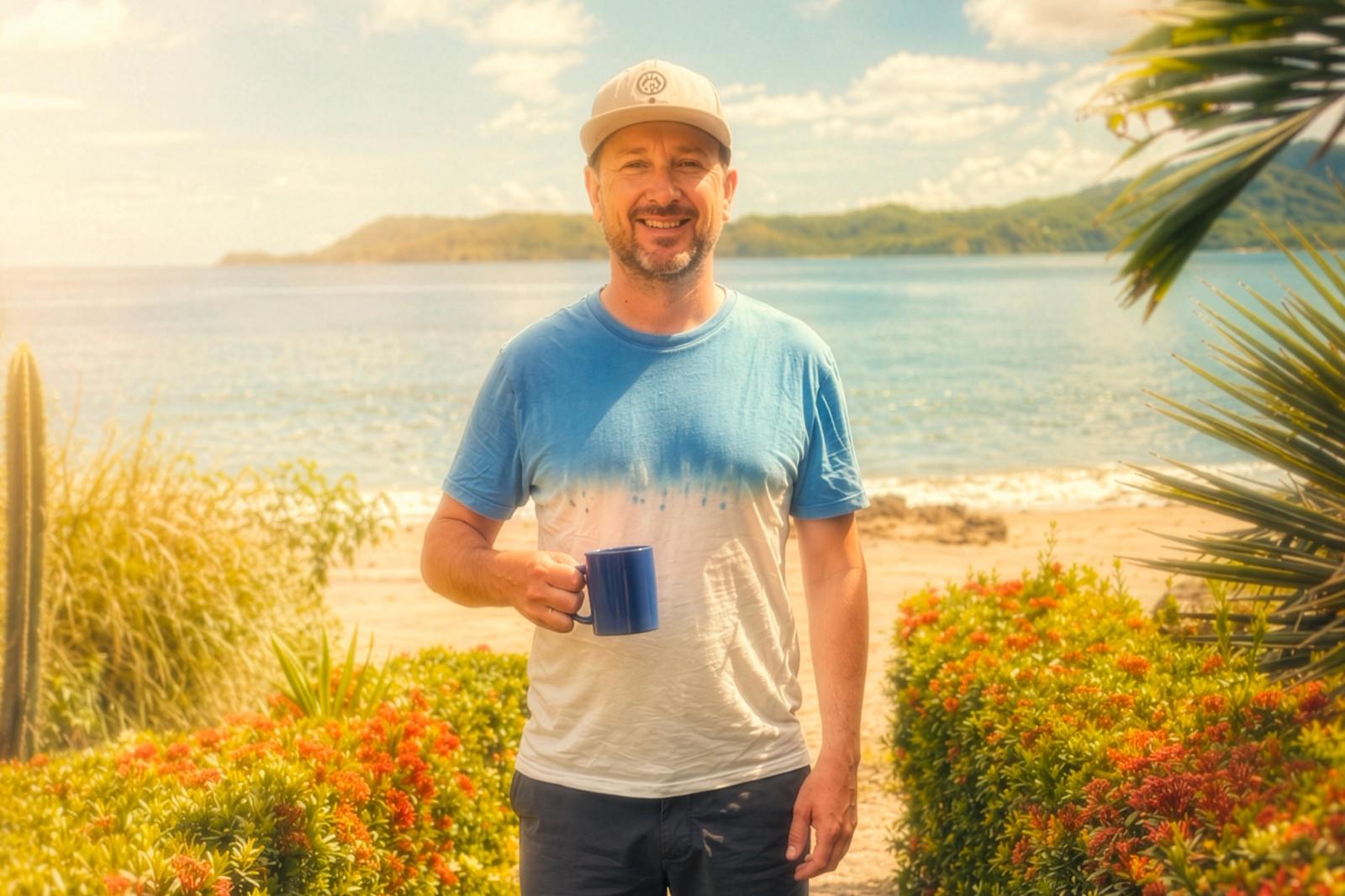 Nate holding a coffee mug on a seaside terrace at sunset