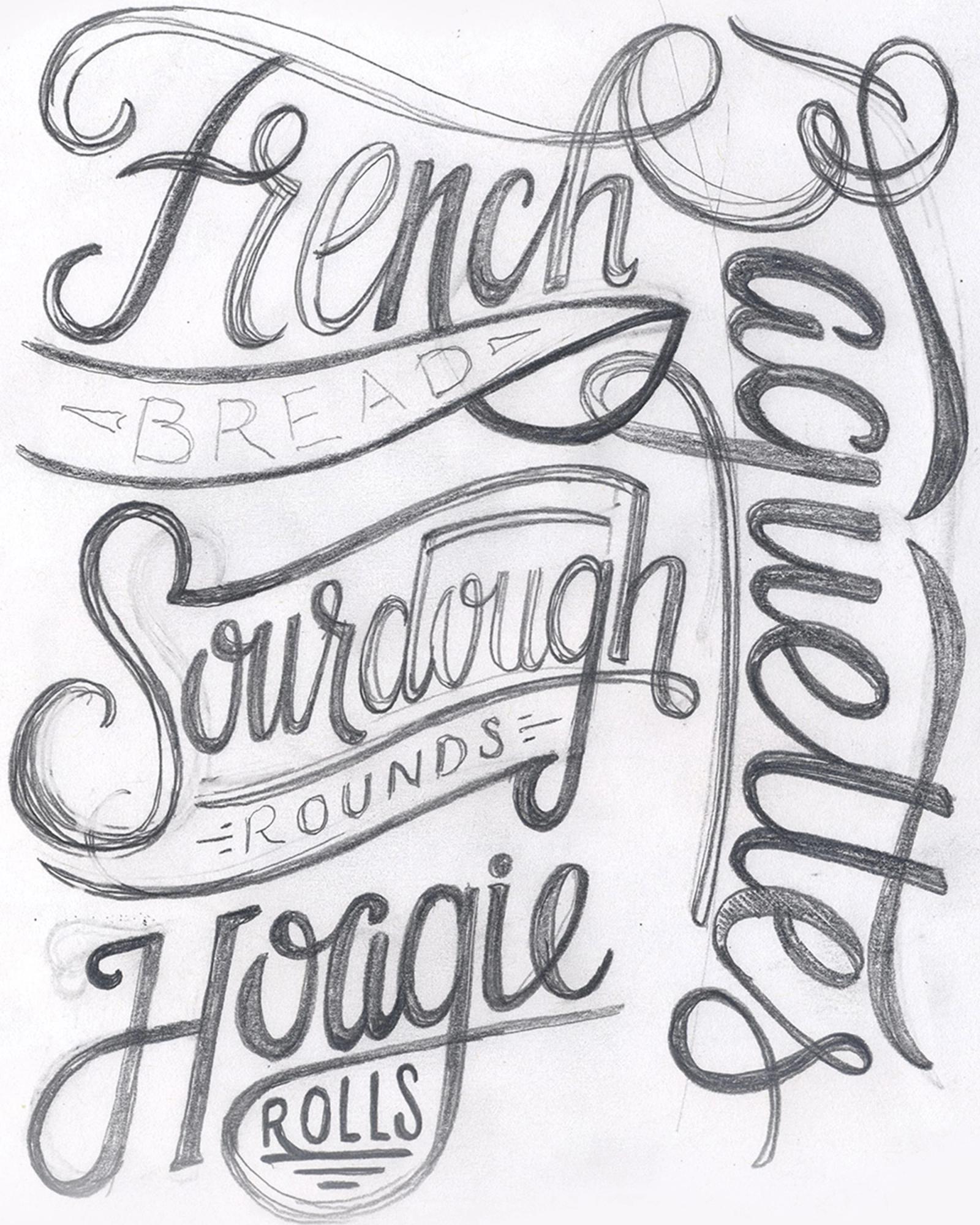 Pencil sketches exploring Publix bakery hand-lettering