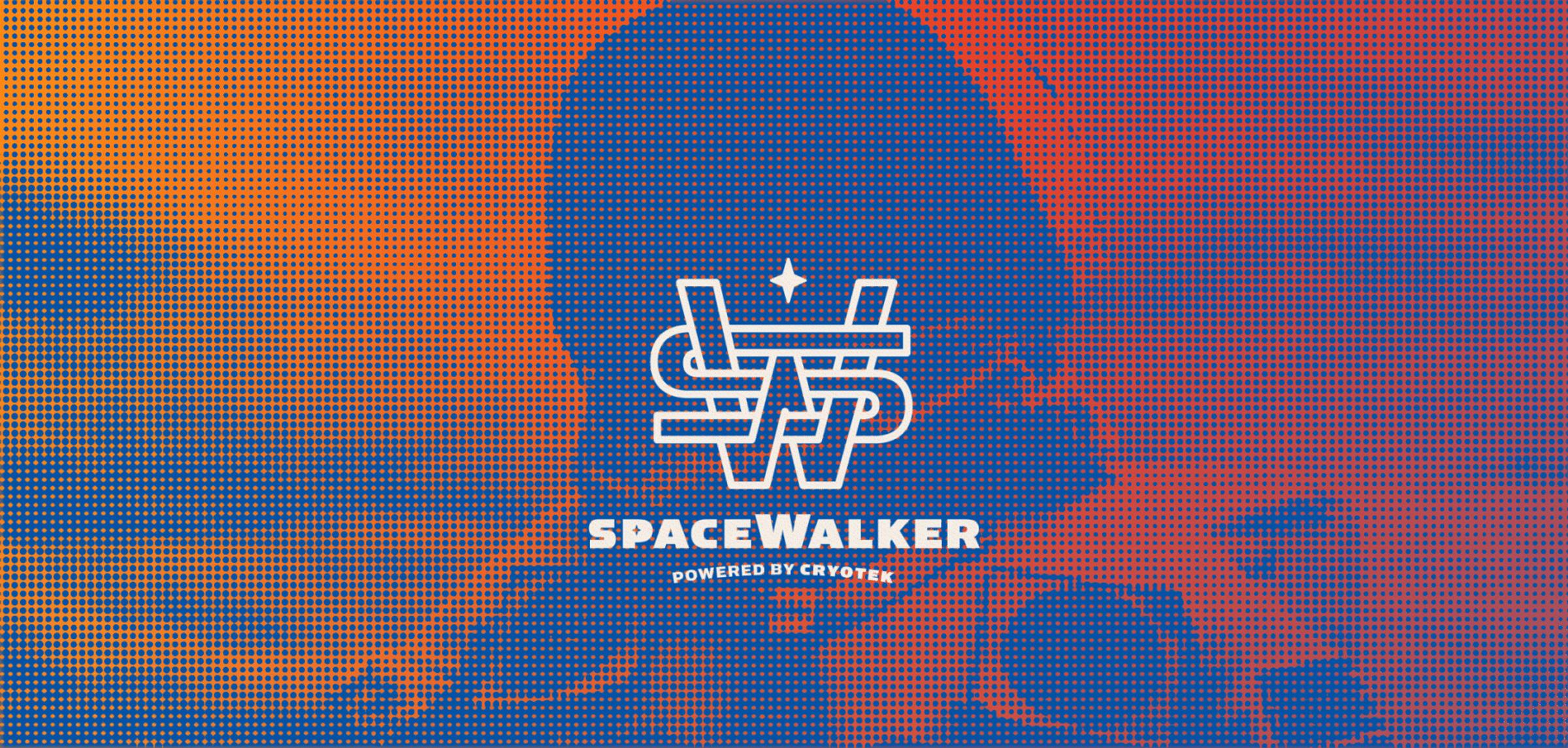 SpaceWalker logo over a halftone astronaut