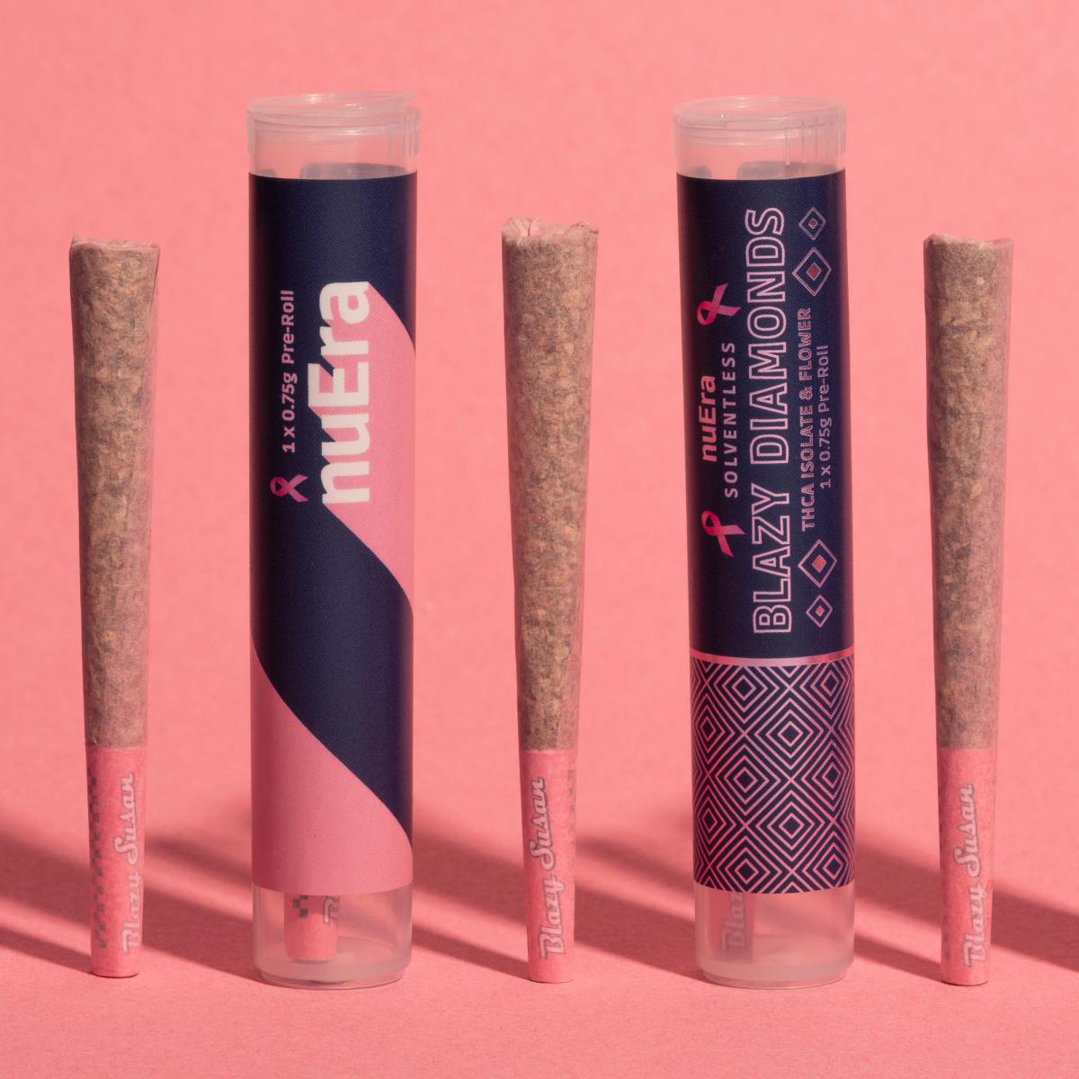 nuEra and Blazy Diamonds pre-roll tubes standing between pre-rolls
