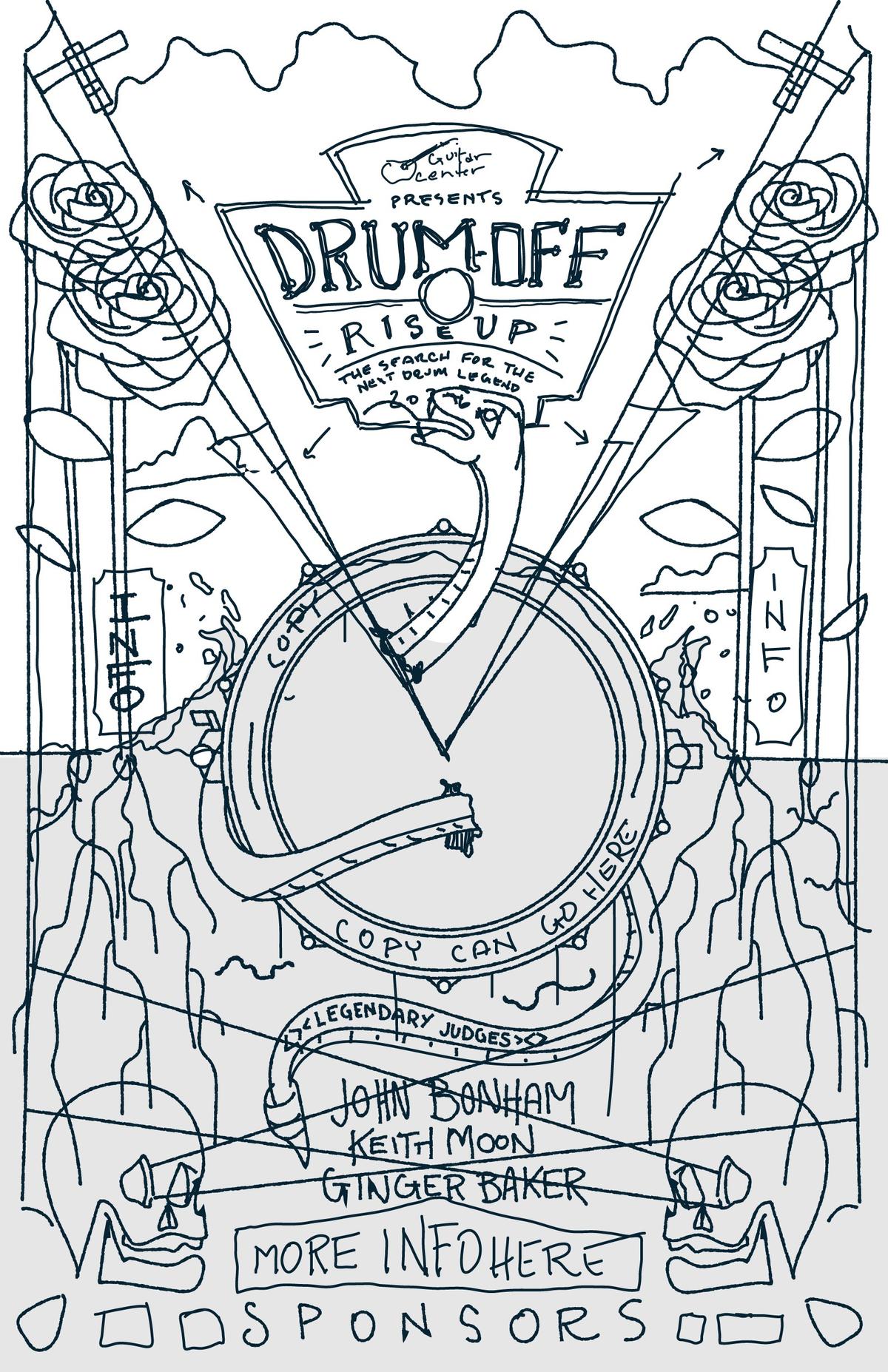Concept sketch: "Rise Up" with roses and crossed drumsticks