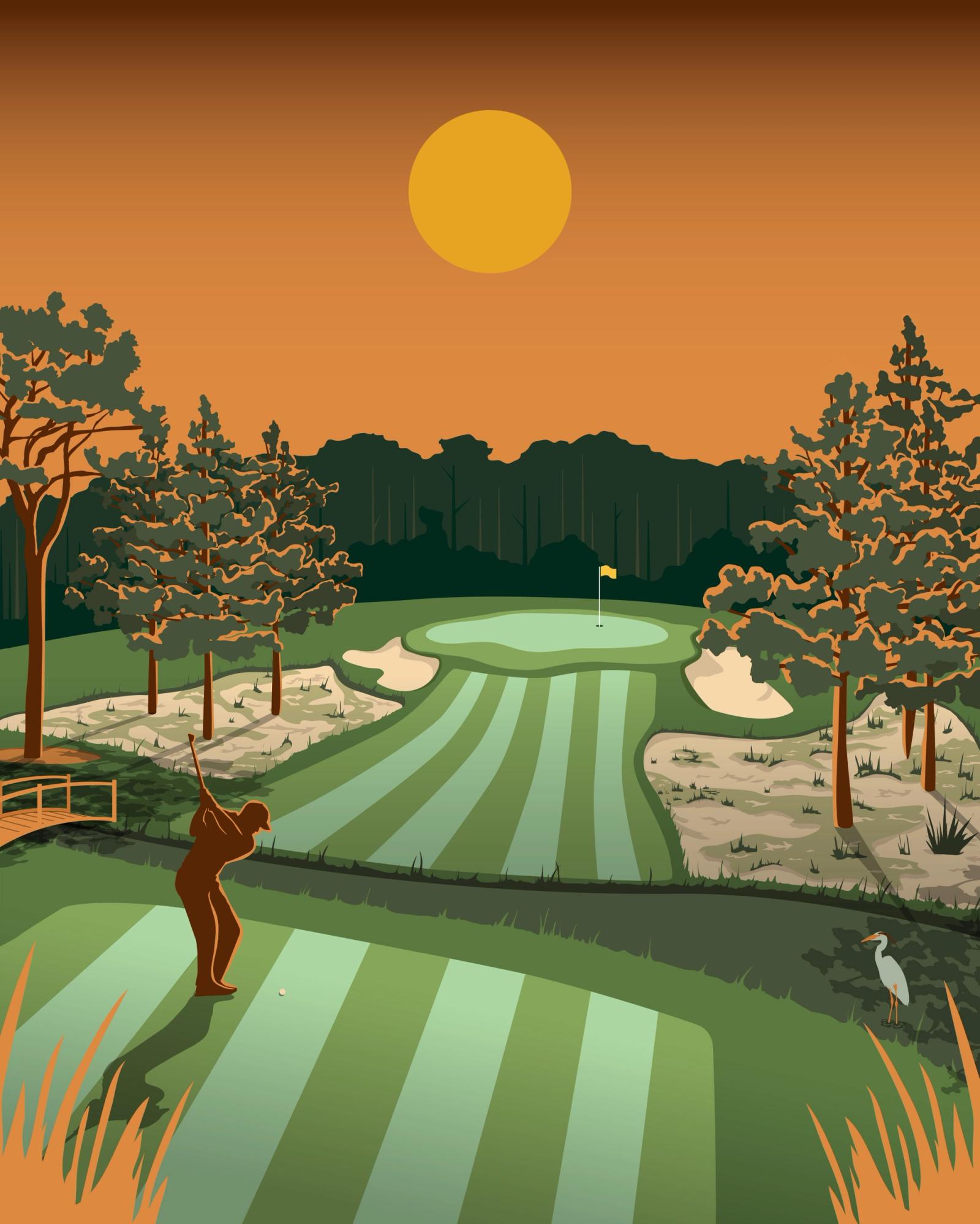 FORE Craft Cocktails illustration for Fore Tea: a golfer teeing off on a pine-lined course at sunset