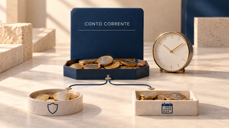 Liquidità sul conto corrente, con un orologio e riserve destinate alla sicurezza e agli obiettivi futuri. 