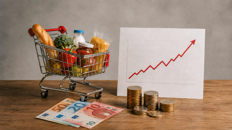 Carrello della spesa con generi alimentari, banconote in euro e grafico in crescita che rappresenta l’inflazione e la perdita di potere d’acquisto