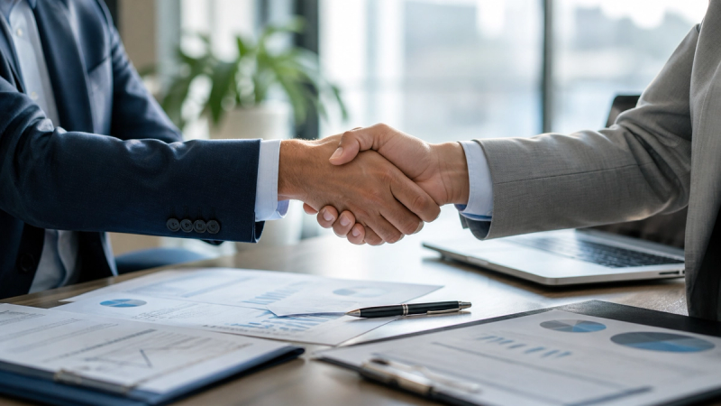 Stretta di mano tra due professionisti durante una consulenza finanziaria, simbolo di fiducia e affidabilità.