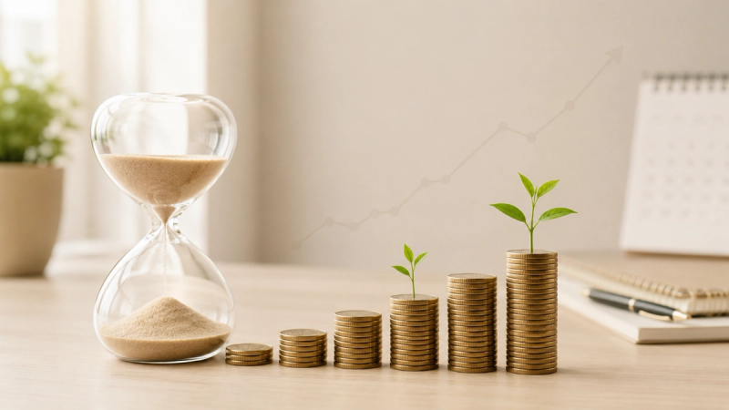 Importanza del tempo negli investimenti con clessidra, monete in crescita e germogli che rappresentano interesse composto e lungo periodo