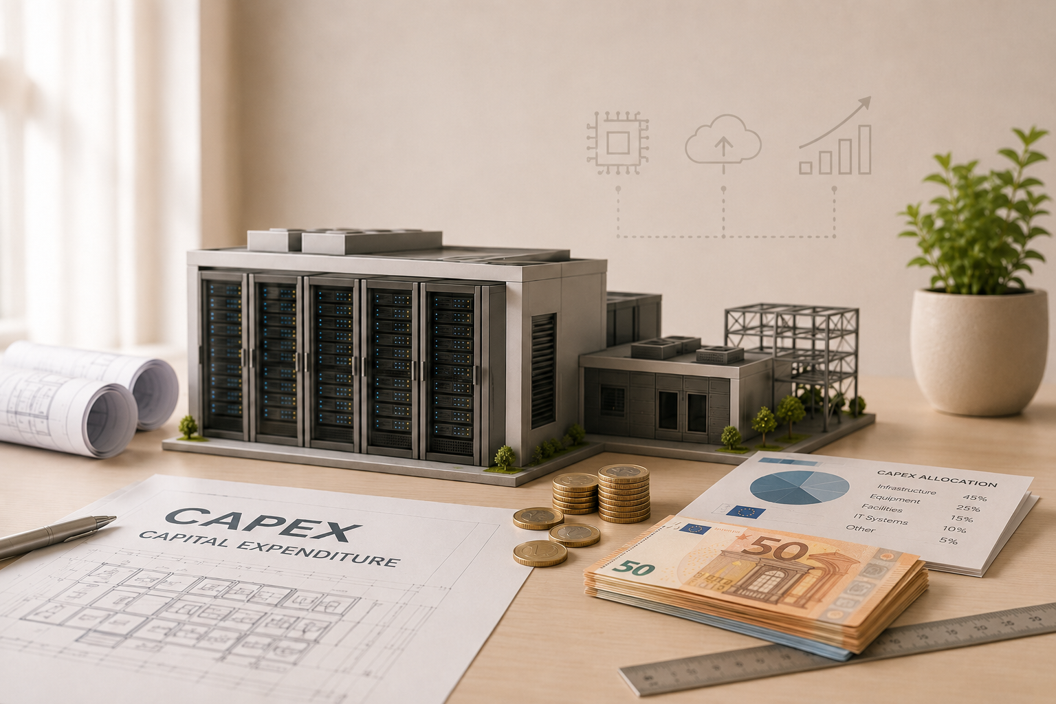 Modello di data center con progetto CAPEX, monete e documenti di pianificazione degli investimenti aziendali