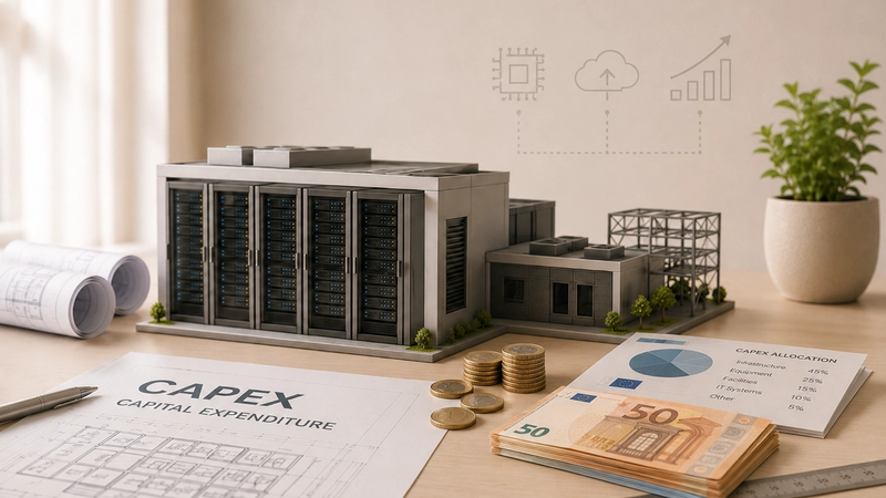 Modello di data center con progetto CAPEX, monete e documenti di pianificazione degli investimenti aziendali
