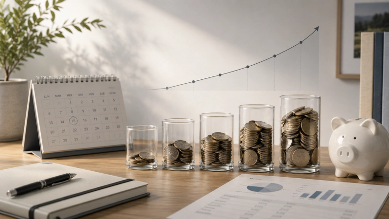 Piano di accumulo capitale con calendario, monete in crescita e salvadanaio che rappresentano versamenti mensili nel tempo