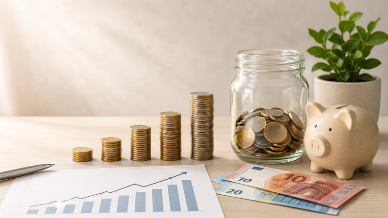 Investire con poco partendo da piccole somme: monete impilate, salvadanaio e risparmi in crescita nel tempo