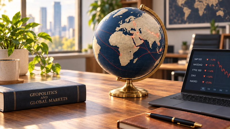 Instabilità geopolitica e mercati finanziari rappresentati da globo, mappe internazionali, simboli diplomatici e grafici di Borsa in calo.
