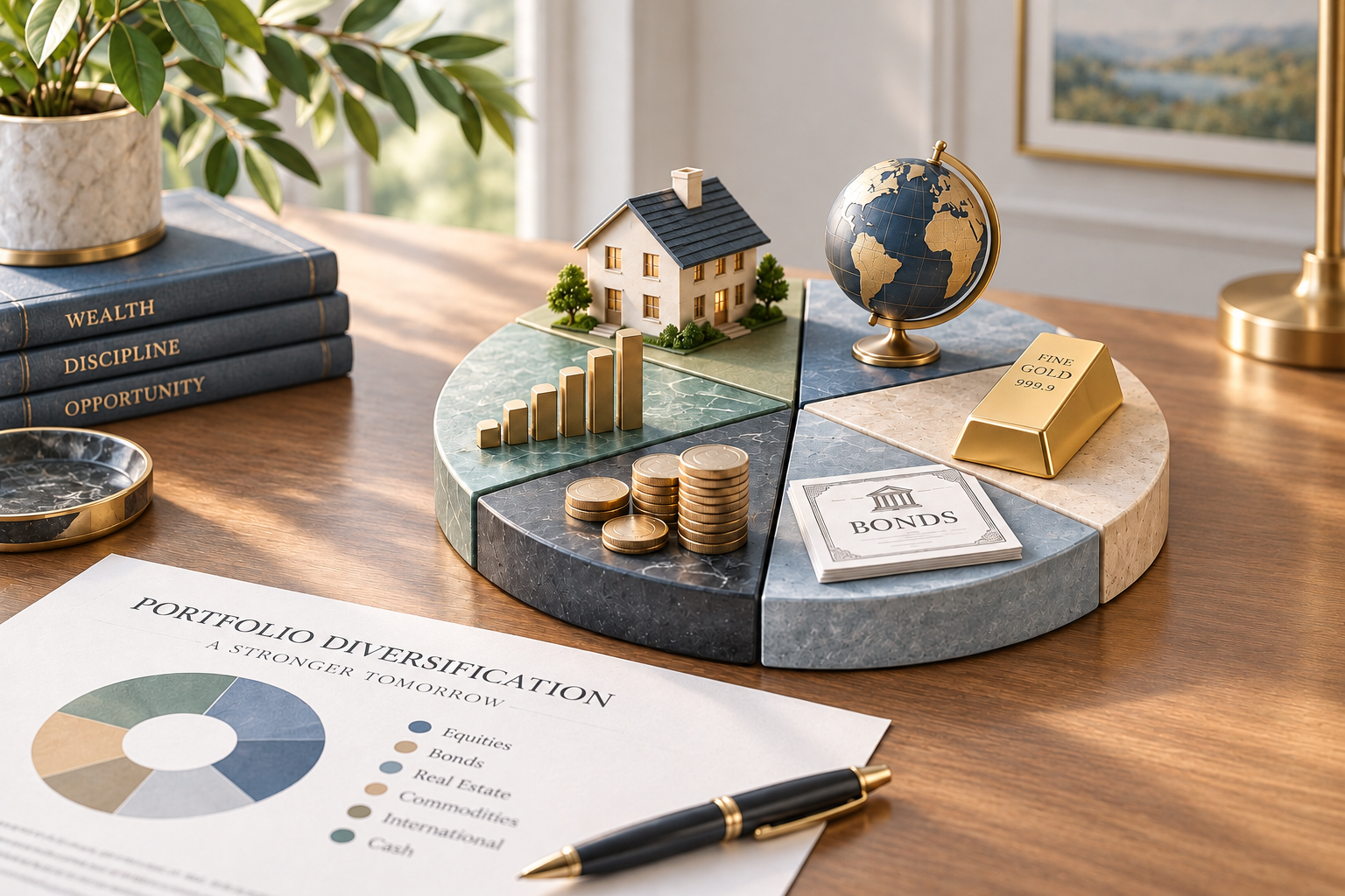 Diversificazione del portafoglio con capitale distribuito tra azioni, obbligazioni, immobili, oro e mercati internazionali.